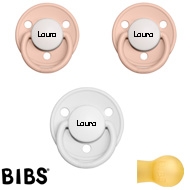 Bibs de Lux sutter med navn (2 Blush+ 1 White -HK) Runde Latex str.1, 3 pack